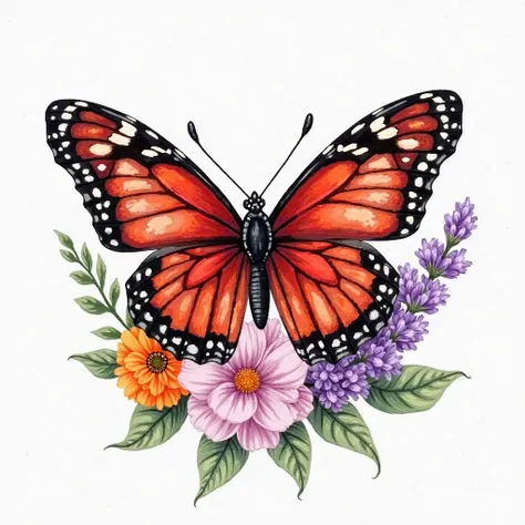 "Create a detailed and realistic illustration of a red butterfly with intricate patterns on its wings, perched on a bouquet of marigolds and delicate lavender flowers. The butterfly should have a vibrant red gradient on its wings, fading to black at the ed...