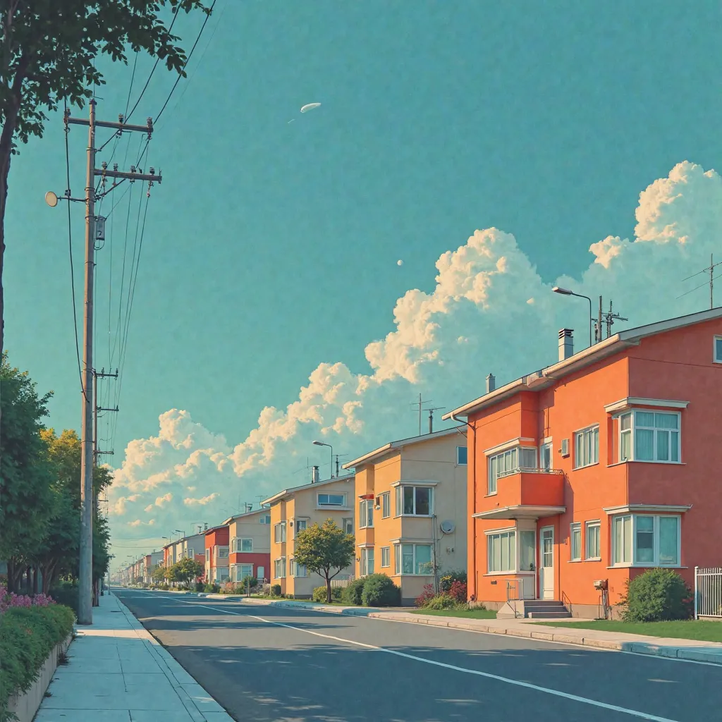 Hirhiroshi nagai painting. Sleep paralysis.  Retro futuristic. Mundane suburban town. Poland. Planets in sky