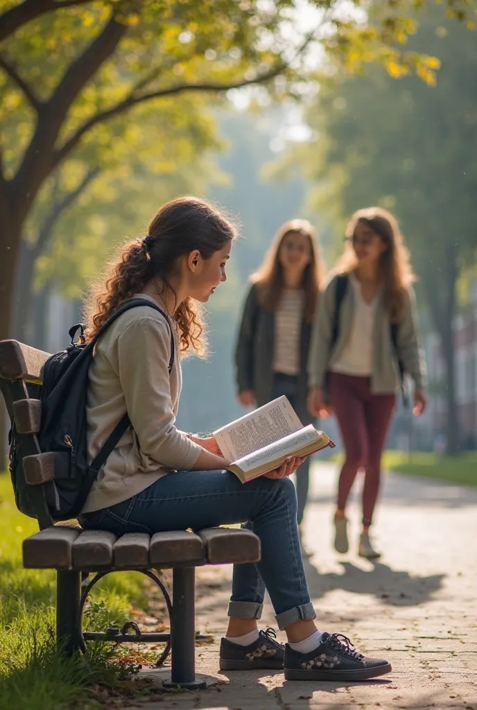 an image where a 16-year-old girl is sitting on a bench reading a book with two girls of the same age walking behind her, one that is smiling and the other looking at the one that is smiling, with a school background and trees around 