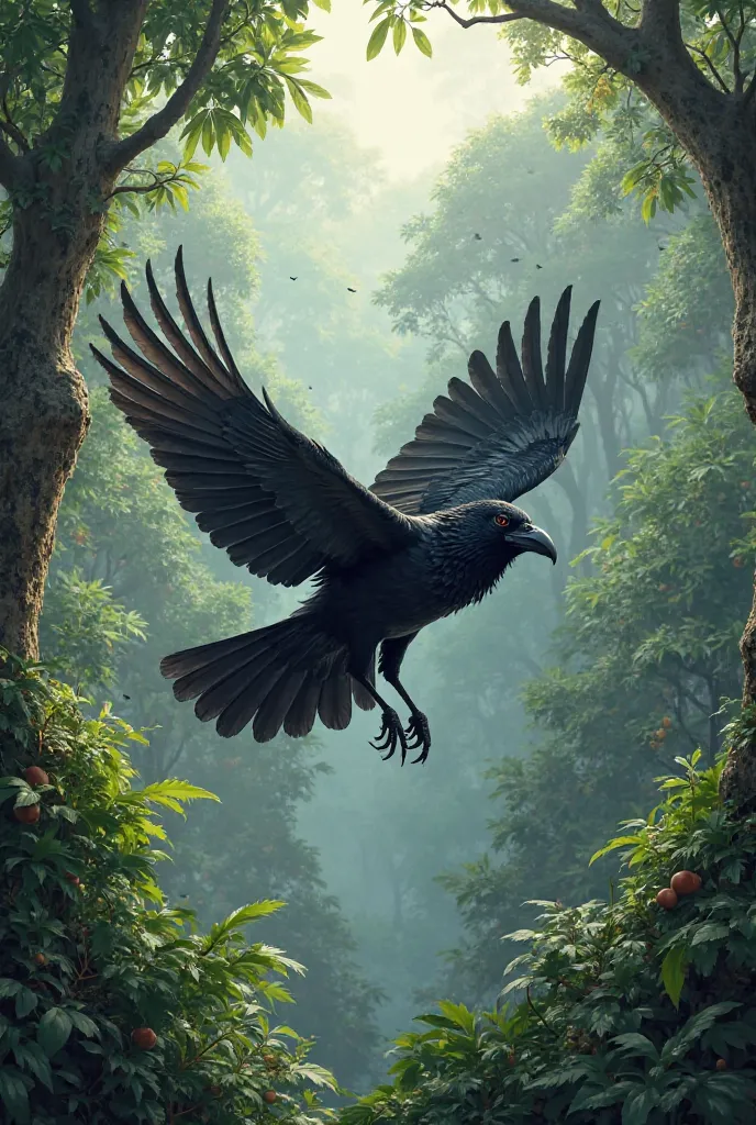 Crow flying up jungle 
