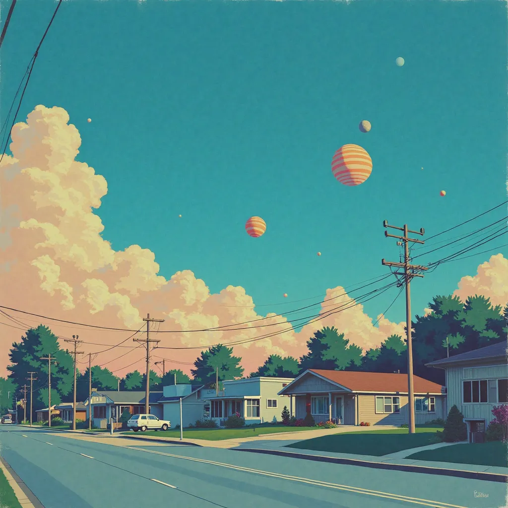 Hirhiroshi nagai painting. Sleep paralysis.  Retro futuristic. Mundane suburban town. Hamtramck Michigan. Planets in sky