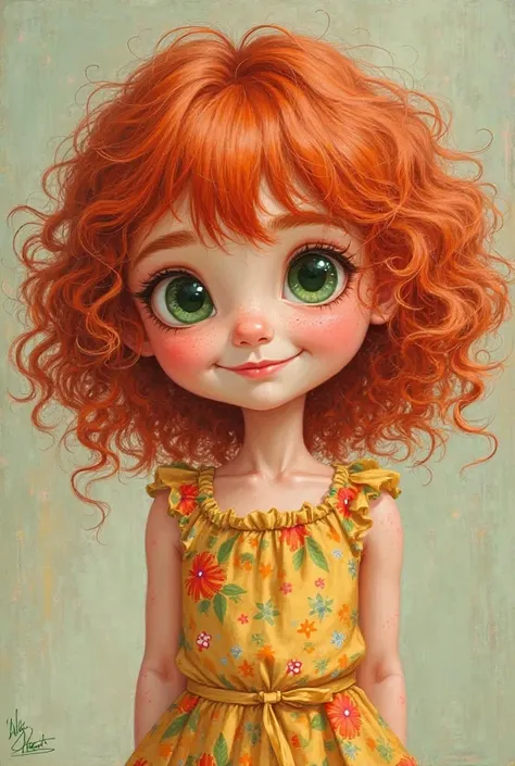 The painting depicts about eight years old. She has bright red curly hair, who are cheerfully disheveled and frame her face. The bangs on her forehead add her mischievous charm, and curls give the image of playfulness and cheerfulness.

Her big green eyes ...