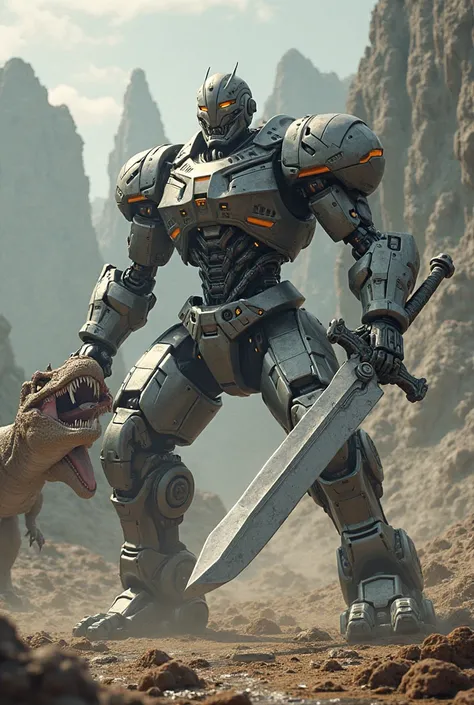 Powerful transformer robot with a sword in his hand, fighting a Tyrannosaurus rex