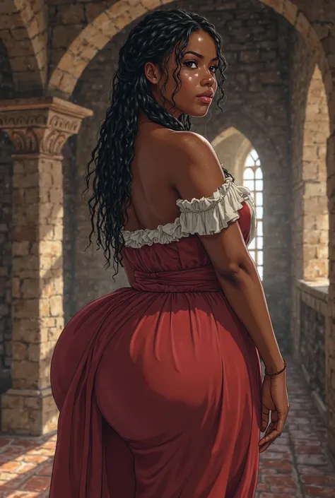 Black Woman from Traditional Anime Seinen . Several long thin braids on the head.  Dark brown skin . Curvy and attractive body.  big breasts and thick thighs. Dressed in a long medieval peasant skirt with a bold neckline. The setting takes place in a rusti...