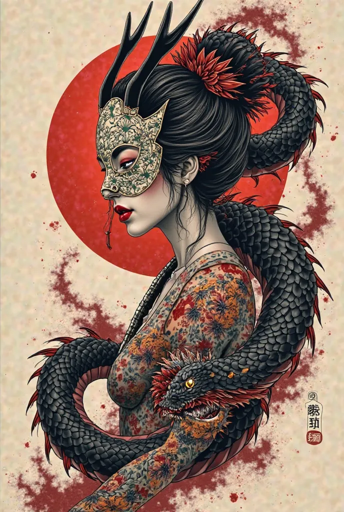 "Traditional Japanese tattoo in Irezumi style depicting a female figure wearing a Hannya mask, ornaments elaborated in the hair and a woven katana. Around the figure , a sinuous Ryu dragon, detailed design with black scales and touches of red, elegantly wr...