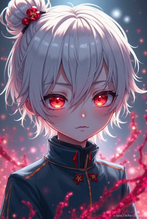 A age boy with white hair that has a bun and two bangs  with ruby eyes in demon slayer art style