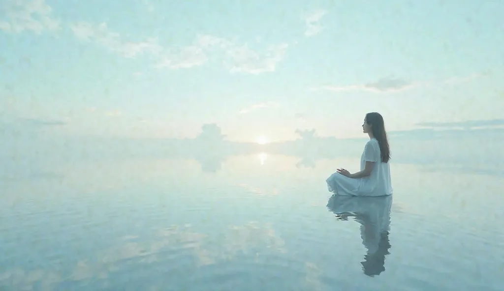 "A White woman sitting by a calm lake, eyes closed, hands resting on her lap. The water reflects the sky, creating a scene of inner peace, faith, and emotional healing."
