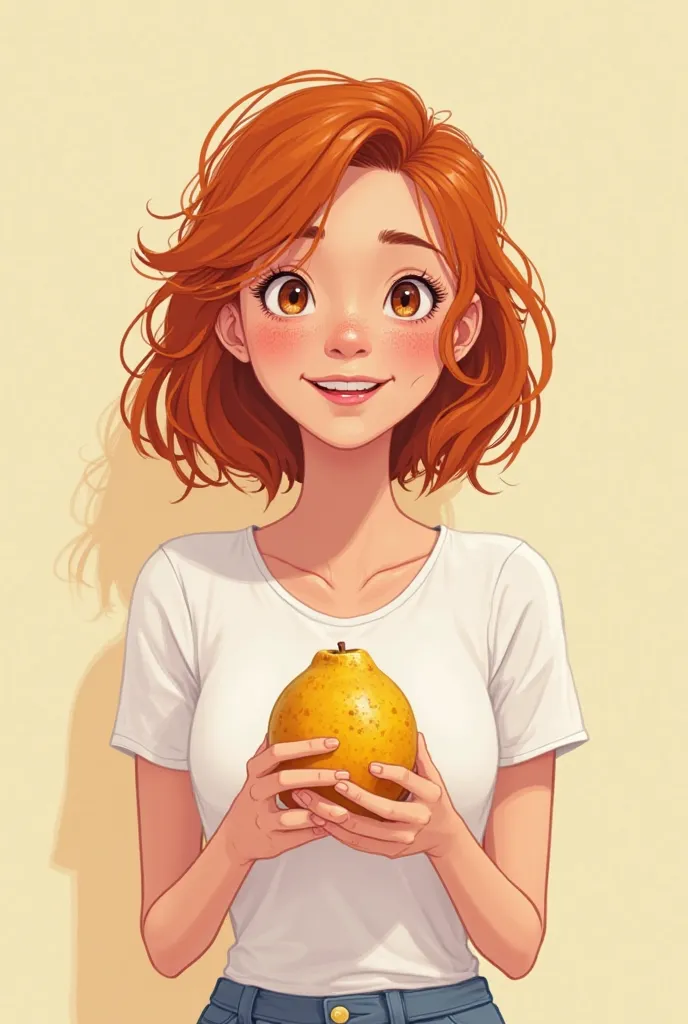 Create a 21 year old girl,  ANIMATED STYLE  , that is thin with freckles on her face, fair skin, brown eyes, and redheads. ,  wearing a white t-shirt . She is holding a passion fruit 