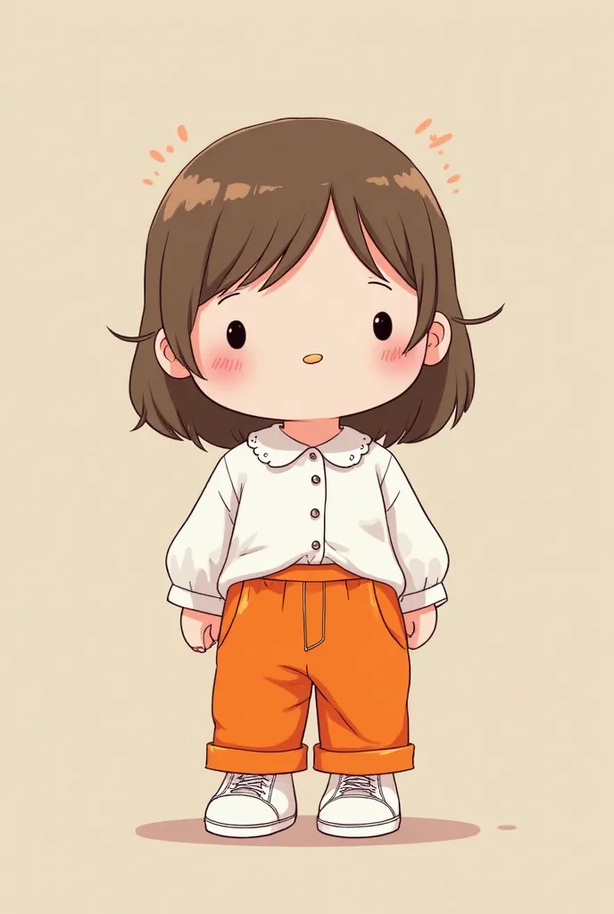 Hello kitty with straight brown hair and white blouse with orange pants and white sneakers