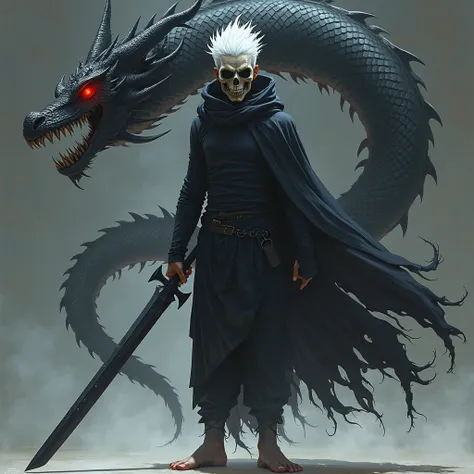 Create antihero character white hair half skull black clothes barefoot black dragon sword with anime traits and without coloring 