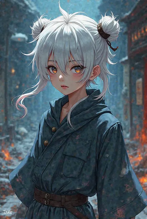 A age boy with white hair with a bun and two bangs coming from the sidescin demon slayer art style 