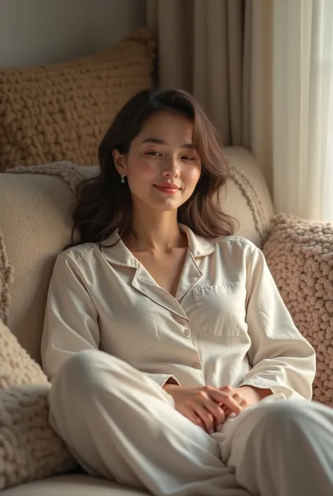 Create me a picture of that same woman in pajamas lying on the couch with a smile 