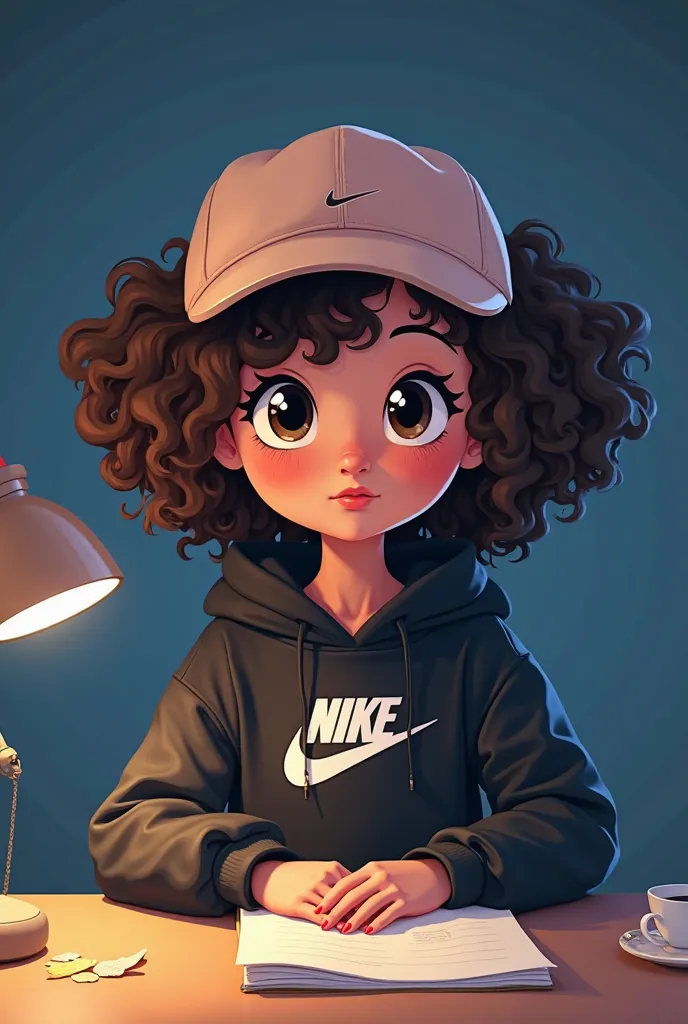 un personnage type cartoon fille cheveux très bouclés bruns (vraiment curly boucles type 3A) avec un ensemble de survêtement nike noir et une casquette gucci rose de couleur de peau beige un peu foncé assise derrière une table avec une sorte de micro retro...