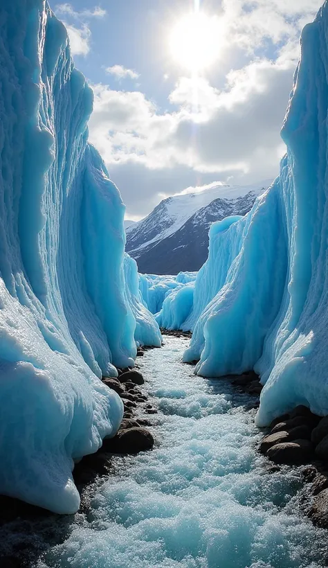 A narrow icy canyon with flowing glacial water cutting through vibrant blue ice. The ice walls are smooth, reflecting sunlight, with small shimmering ice crystals. The sky above is a mix of bright sun and scattered clouds, casting a soft glow over the froz...