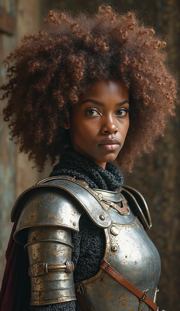 A mixed race petite female with big brown curly afro dressed in full high quality feminine armour, medieval style, archaic, cinematic, atmospheric, Nvidia ray tracing, whimsical, Dutch Angle, Multiple Views, sketch full body, unique steel face mask 