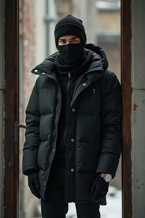 Indian boy (age 17)(young)(cute)wearing balaclava and black puffer jacket. Black gloves (wearing rolex). Cute hunter eyes. Standing in interior doorway