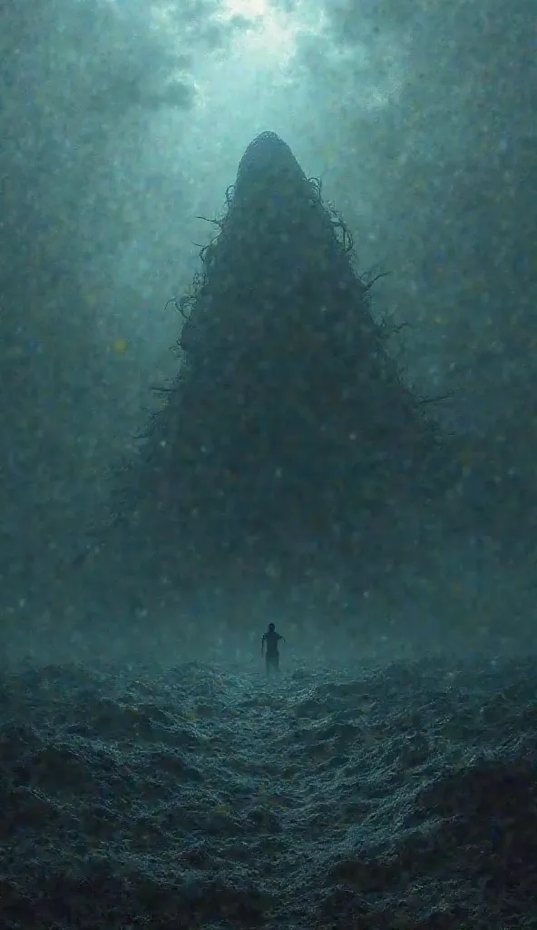 Wide shot of the deep Pacific Ocean, showing an immense, shadowy figure barely visible in the murky waters, hinting at the presence of a massive, unknown sea creature.
