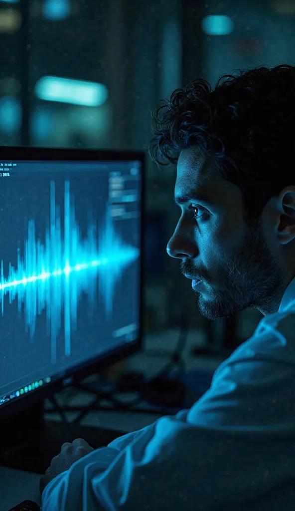 Close-up of an audio waveform on a scientist’s computer, with the label "The Bloop - 1997" and a researcher staring at the screen in disbelief, bathed in dim blue light.
