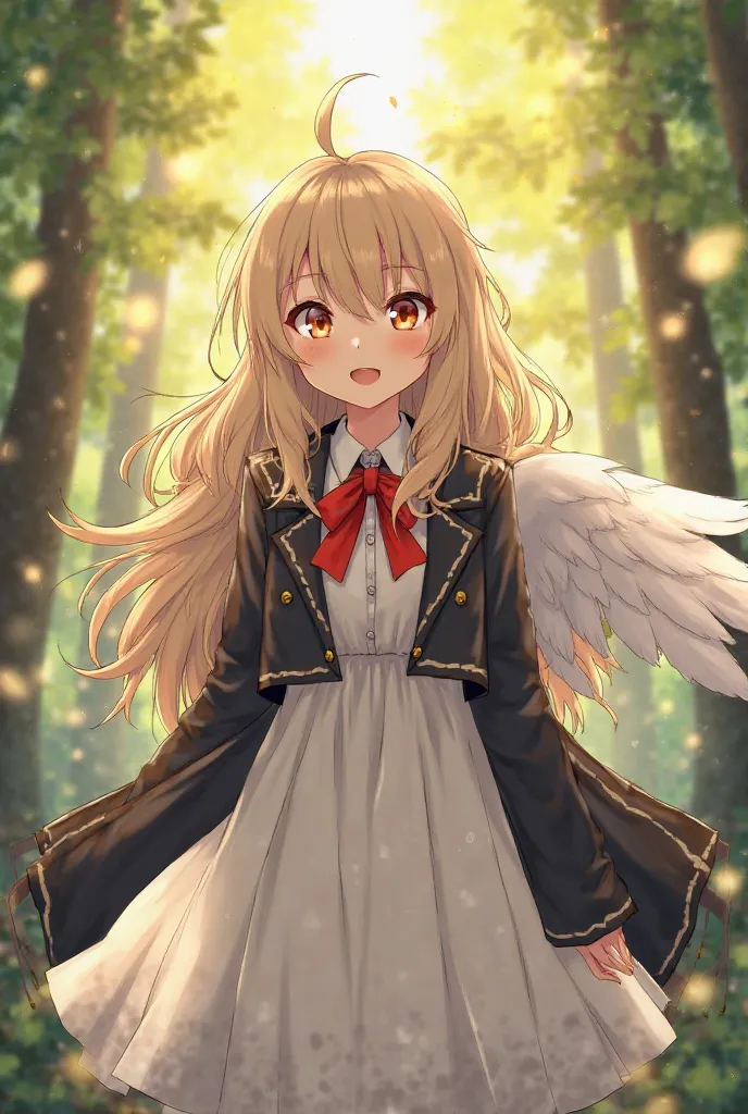 Forest background with bright sunlight,dark beige hair,Long wavy hair, orange eyes,female, anime style,wearing a white dress with a red ribbon and a black jacket over it,with white bird wings on the back