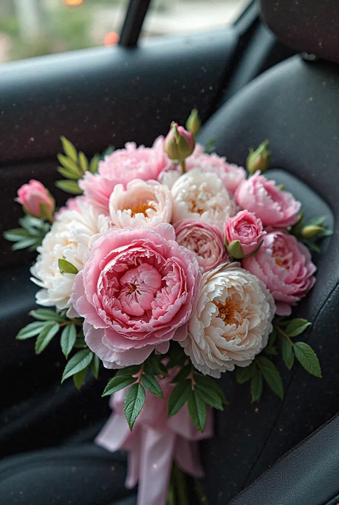 Bouquet of flowers peonies inside the car