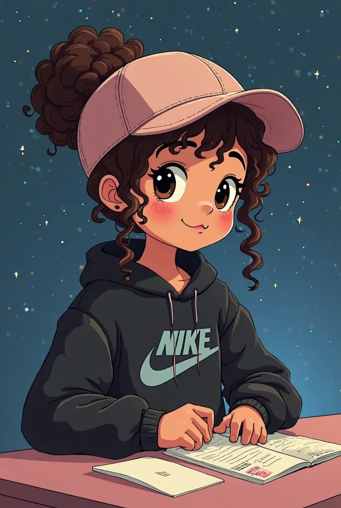 un personnage type cartoon (type de dessin plutôt simple) fille cheveux très bouclés bruns (vraiment curly boucles type 3A) qui lui arrivent au milieu du dos avec un ensemble de survêtement nike noir et une casquette gucci rose de couleur de peau beige un ...