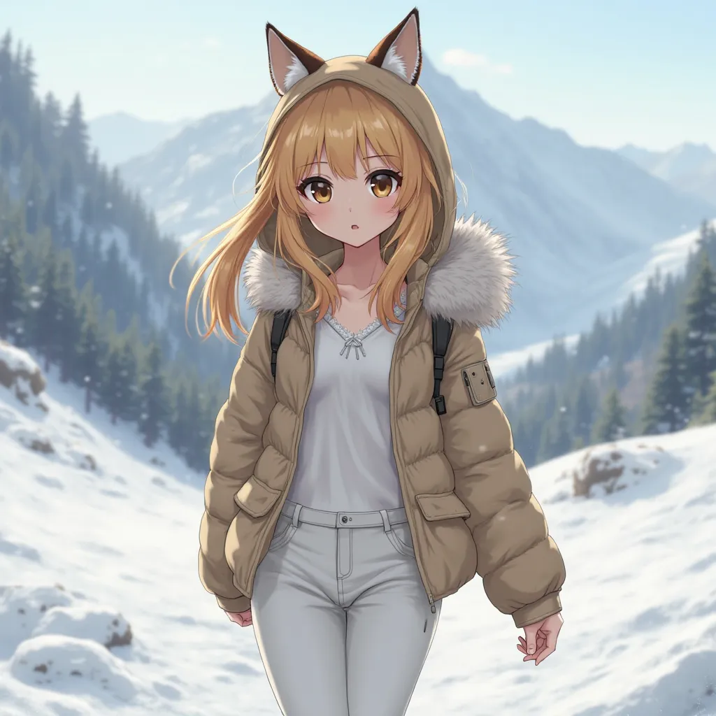   Blonde hair with a mix of brown, fringe at eyelash length , eyes,  brown , big eyelashes, Thin face, thin eyebrow,  full lips ,  tabby body, medium and round breasts,  white leggings,  White blouse, padded jacket with a hood on the head, Walking on a sno...