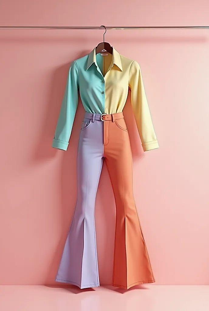  Asymmetrical Shirt and trouser bell bottoms hanging on the wall with hanger on plain wall pink lineart