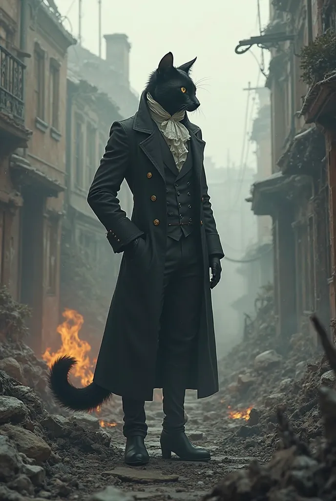 Years later, Himal, now a tall 6’1” anthropomorphic cat in a Victorian-era coat, returned to his hood home, only to find ruins. Every memory of his past had turned to ashes.”