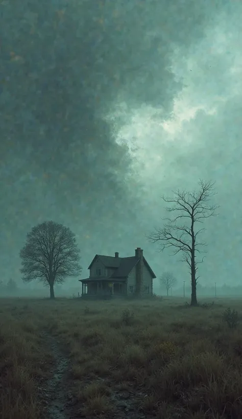 Remote landscape with an isolated house, surrounded by trees bending slightly as an unseen force causes the sky to rumble ominously, capturing the eerie nature of the sky trumpets.
