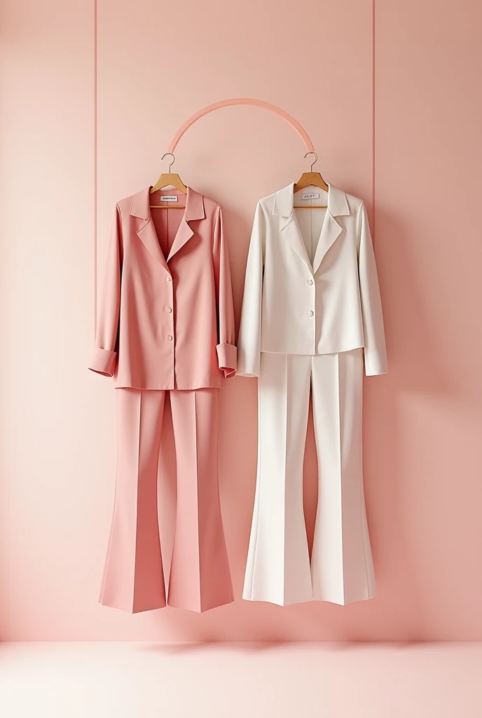 Long Shirt and bell bottom trouser hanging on the wall with hanger on plain wall pink lineart