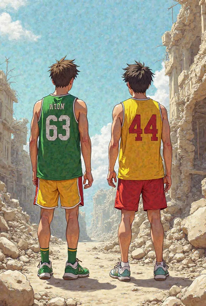 Draw me two ren who came out of the wreckage on their jerseys, one yellow green and the other yellow red on the back of the yellow green one, 63 in the summer and the other 44 in summer, let them be ren in summer 44 and be in the earthquake debris