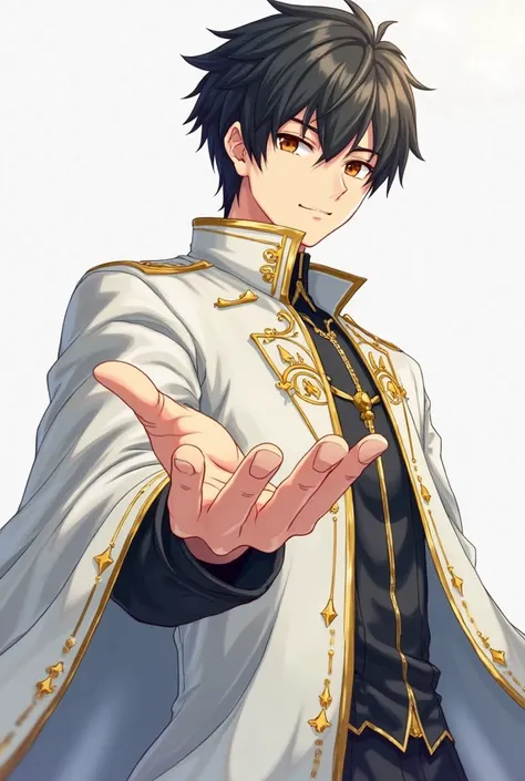 Anime style illustration of a young man with dark hair and a serious look. He is wearing a long white cloak with gold accents, decorated with gold patterns and buttons. his arm is raised and his palm is turned in our direction