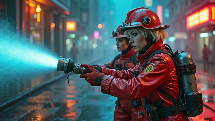 A stunning retro-futuristic firewoman in a skintight, glossy red-and-silver fireproof suit grips a high-pressure, chrome-plated fire hose. The powerful stream of shimmering blue water arcs through the air, dousing the flames of a futuristic art-deco buildi...