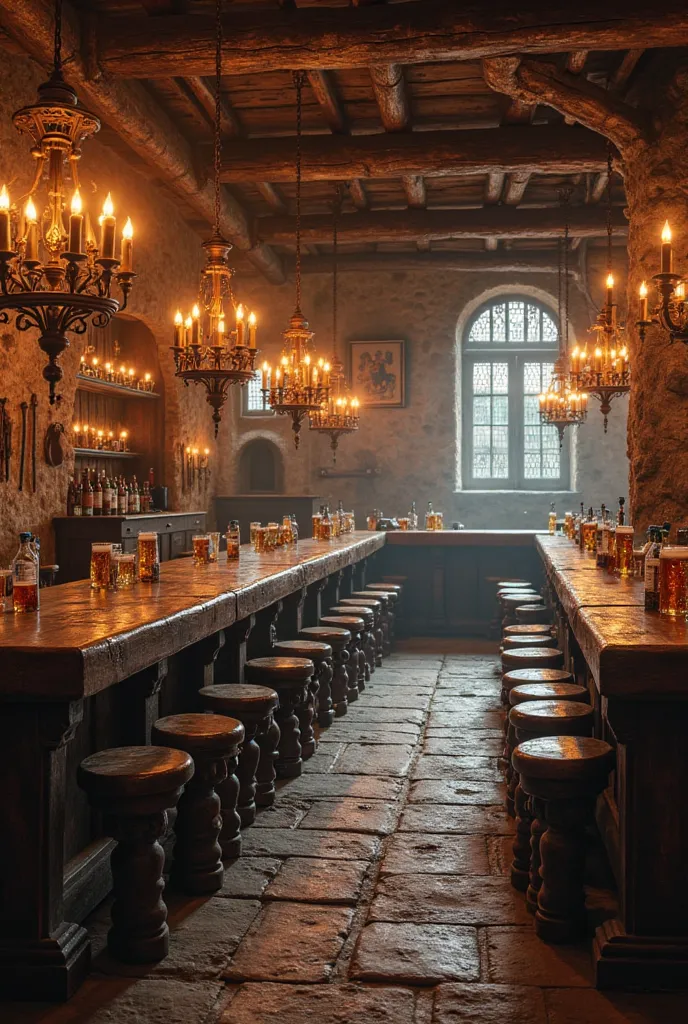 Ambiance : Une atmosphère chaleureuse et animée, avec une lumière tamisée provenant de chandeliers en fer forgé et de bougies sur les tables. L’odeur du bois brûlé et de la bière fraîche flotte dans l’air.

Mobilier : De grandes tables en bois massif avec ...