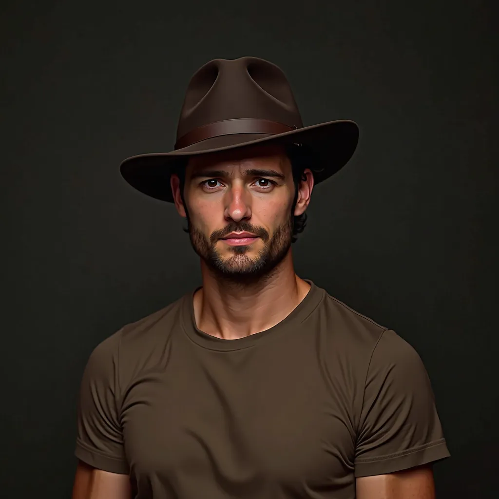 Young man 30 years old, DARK BROWN HAT , BROWN T-SHIRT AND CASUAL CLOTHES WITH BASIC BACKGROUND IN DARKER COLORS, IMAGES ABOVE THE WAIST 