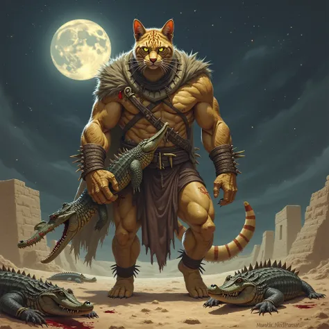 Appearance:
body: Your character, a huge cat 1,8 meters , with a muscular body , covered with thick fur. sandy color with dark stripes, like a wild cat. Scars from past battles are visible on his chest and legs.

head: The cat's face is expressive, with sh...