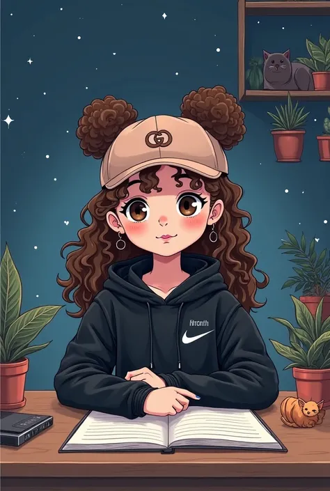 un personnage type cartoon (type de dessin vraiment très simple) fille cheveux très bouclés bruns (vraiment curly boucles type 3A) qui lui arrivent au milieu du dos (cheveux longs lachés) avec un ensemble de survêtement nike noir et une casquette gucci ros...