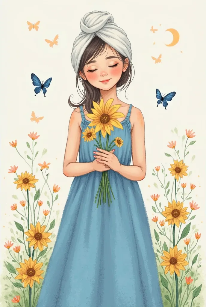 Create a drawing of a girl with a white rag on her head that is not wrapped around her neck, wearing long blue dress, smiling and holding flowers in her hands, to heaven, Flowers and butterflies in the background