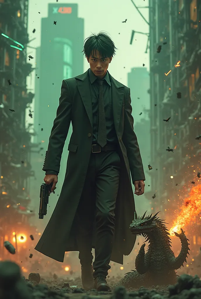 A lean Asian male warrior, wiry and sharp-eyed, dressed in a tattered black suit with a loosened tie, his short black hair tousled by a gritty wind, stands amidst a post-apocalyptic cityscape echoing The Matrix. Towering ruins of steel and glass crumble ar...