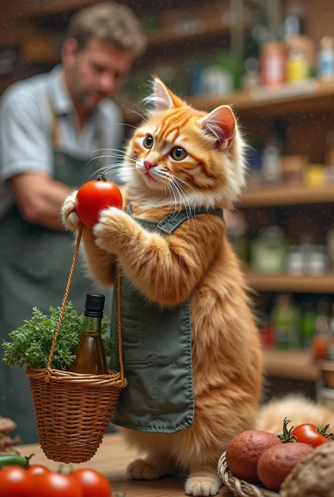 A fluffy orange tabby cat stands on its hind legs in a small grocery store, wearing a tiny apron. It carefully inspects a ripe tomato, its whiskers twitching in concentration. A small basket dangles from its paw, already holding fresh vegetables, a bottle ...