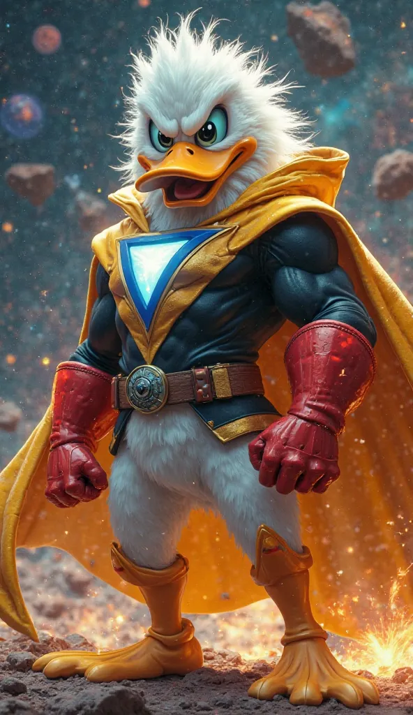 "A stunning and realistic fusion of Donald Duck and Space Ghost, creating a powerful hybrid character that seamlessly blends their features. This new entity retains Donald’s white feathers but has the sleek, heroic physique of Space Ghost. His head is a fu...