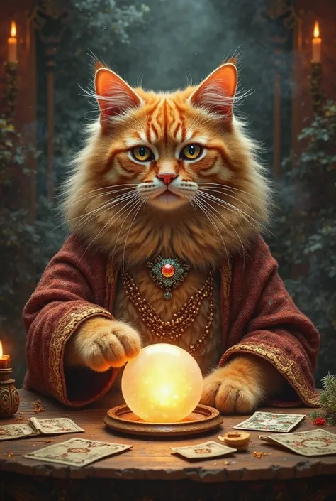 Prompt (variação):
"A highly realistic depiction of a mystical, fluffy orange cat with deep, knowing eyes, sitting directly in front of the viewer behind an ornate wooden table, like an ancient fortune teller. The cat’s voluminous fur gives it a regal and ...