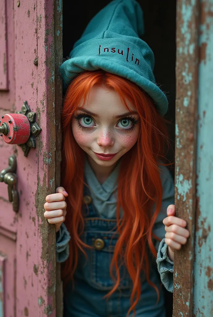 A sneaky witch with red hair peeping from a pink old door with a red lock. The witch is wearing a doctor overall and a sky blue with insulin written on her hat