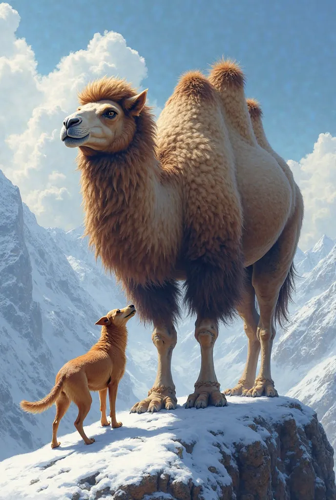 a dog caresses a camel that is 50 meters high and stands on top of monteverest 