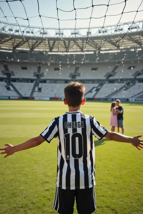 Boy turned on his back wearing the Juventus number church shirt on a soccer field hanging from the net that surrounds the field, with open arms watching a boy and a girl kissing, realistic photo,  The boys are 