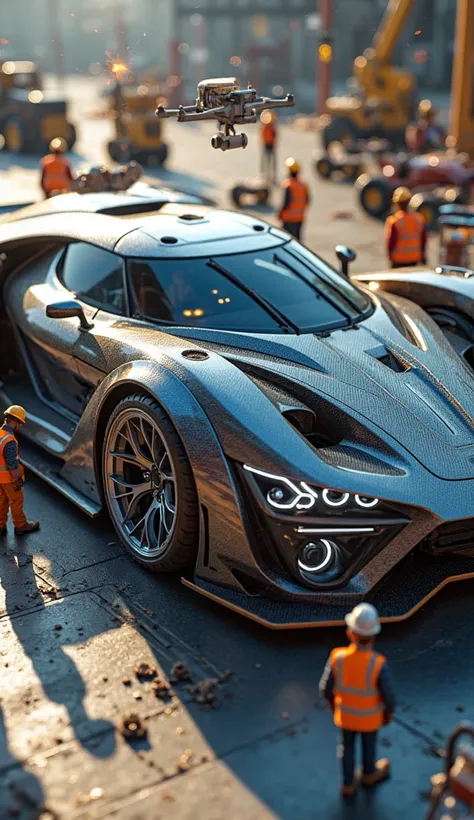 8K Ultra-Realistic – Miniature Contractors Building a Giant Supercar

A massive, hyper-detailed supercar, towering over a busy construction site, is being built by 50+ miniature contractors. Its sleek carbon fiber body and polished chrome finish gleam unde...