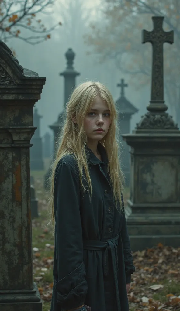 A picture of a  blonde girl standing in a cemetery and sad