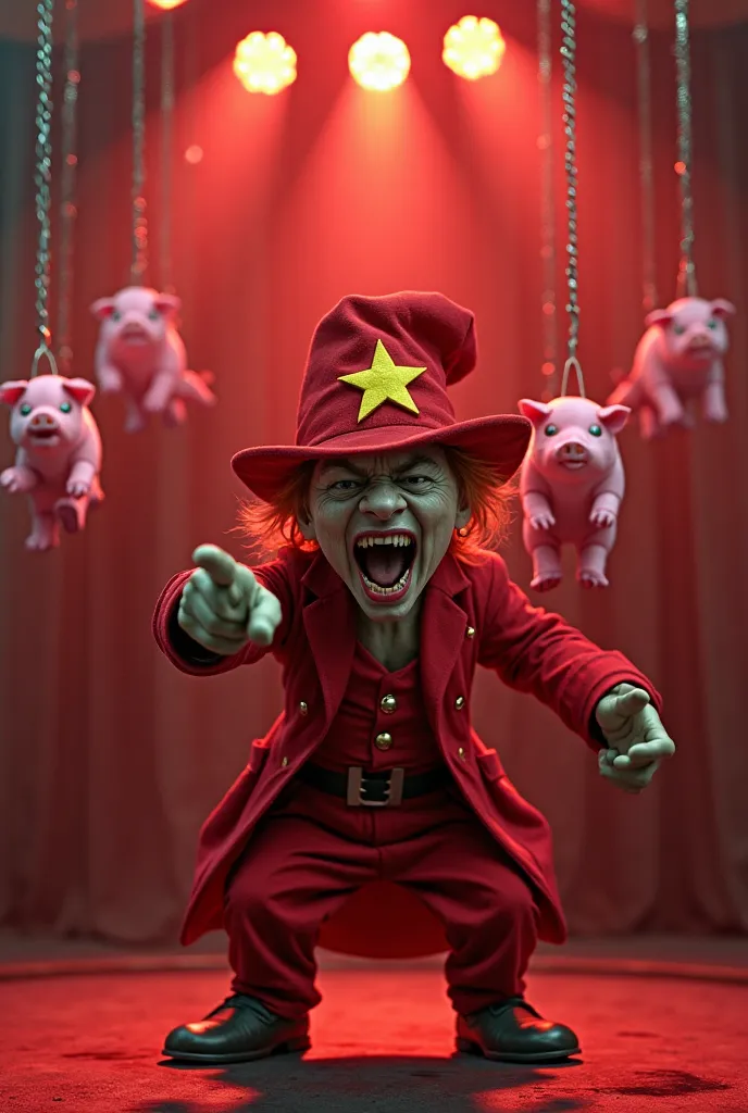 A very short evil leprechaun dressed in red, wearing a cap like a red cap and a yellow star, points with one of his fingers to the camera and screams in front of a microphone in a television studio illuminated by very powerful reflectors of bright reddish ...