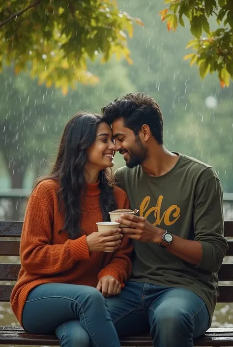 Prayanshi (24) and Abhishek (25), huddled together on a park bench, sharing a hot cup of chai as the rain patters on the leaves overhead. Their faces are alight with laughter and affection, creating a cozy, intimate scene. prayanshi's sweater has "prayansh...