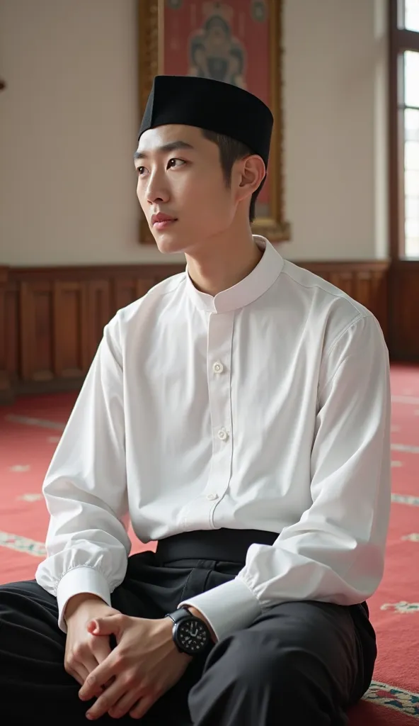 A 25-year-old Korean boy wears a white shirt with black peci and black sarong. Sitting inside a mosque without footwear, provides a calm atmosphere and wisdom. He also wears a black watch on his left wrist. The atmosphere of the picture gives a peaceful an...